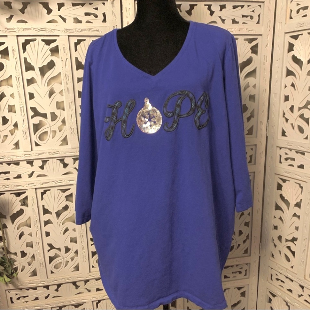 CATHERINES BREEZY BLUE “HOPE” COTTON STRETCHY LONG SLEEVE T-SHIRT STYLE TOP - Picture 1 of 8